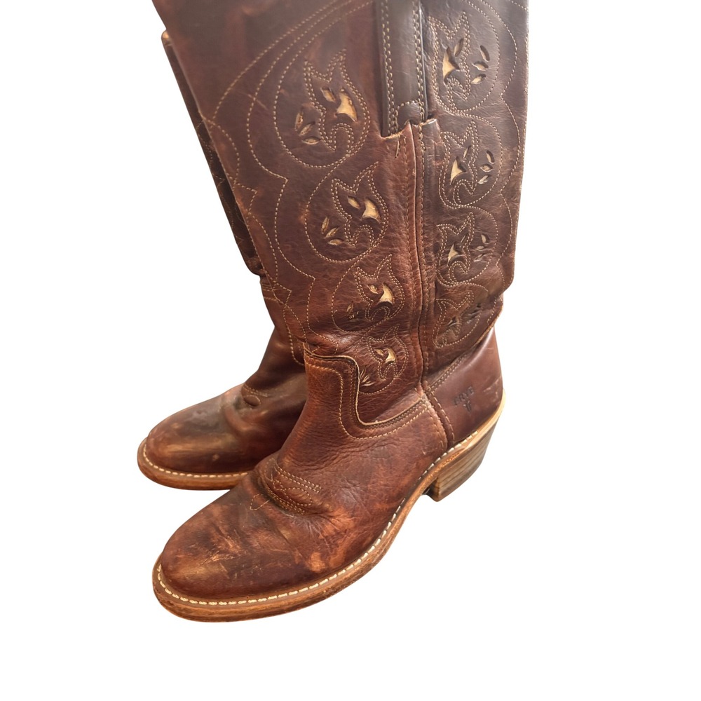 Frye Womens 7.5 M Brown Leather Embroidered Western Cowboy Boots 77035 CHT USA